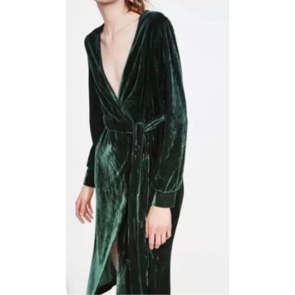 Zara Trafaluc Velvet Wrap Midi Dress XS Green EUC